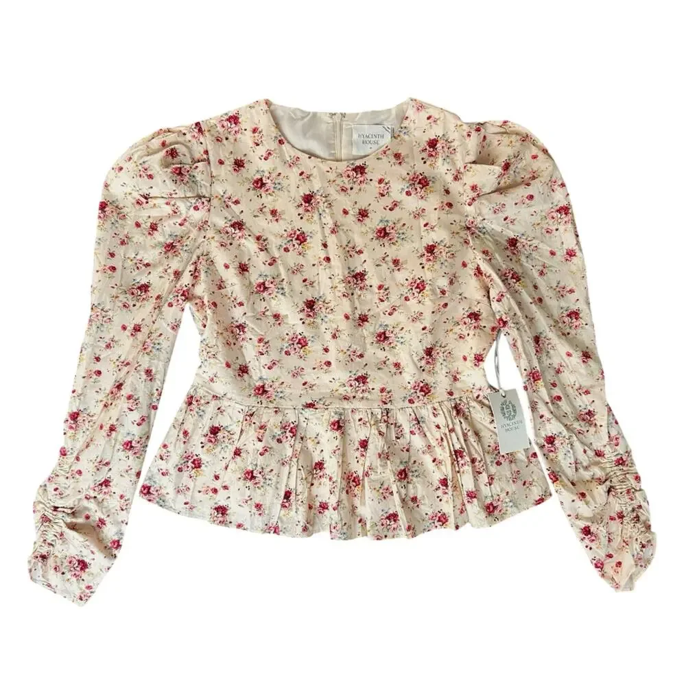 Tuckernuck Hyacinth House Ava Floral Peplum Blouse Medium Preppy Puff Sleeve Top